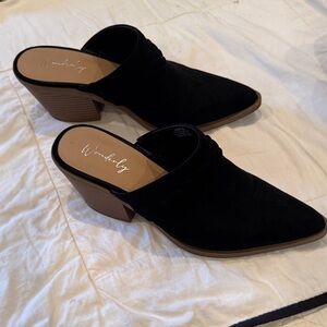 Wonderly Black Pointed Suede Block Heel Mules